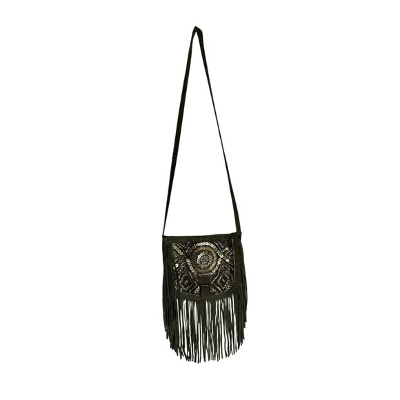Big Buddha Boho Fringe Leather Sequin Crossbody Green Bag - Picture 8 of 14